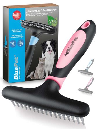 BluePet 2.0 Щітка для собак та котів з довгою шерстю, розпушувач, вичіска | Розпушує, вичісує, видаляє підшерстя | Дворядний гребінець преміум-якості (рожевий)