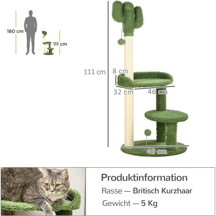 Когтеточка для котів PawHut Кaktus 111 см, 2 рівні, з іграшкою-м'ячем, лежанкою, для котів до 10 кг, котячі меблі, сизаль, зелена