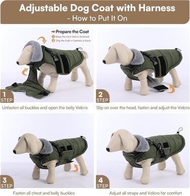 Зимовий теплий накид для собак ASENKU (S, M, L, XL) – водонепроникний, вітронепроникний, з відбиваючими елементами, з нагрудником, для маленьких, середніх та великих собак, зелений