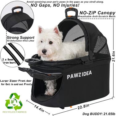 PAWZIDEA Візок для собак 4-в-1, переноска для котів, чорний. Візок для тварин до 33 кг, швидко складається, з капюшоном Easy-Lock
