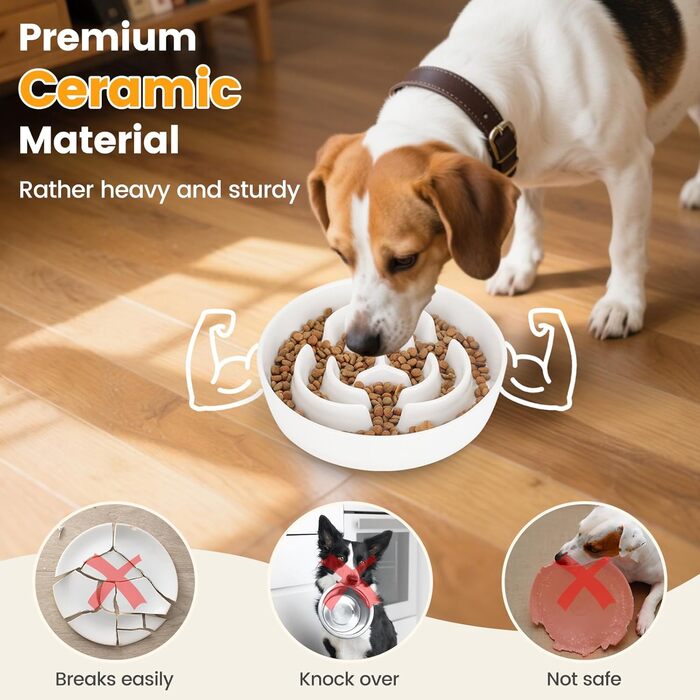 PETTOM Миска для собак протиковтання, кераміка, Ø 21 см, для великих та малих собак, Slow Feeder, білий