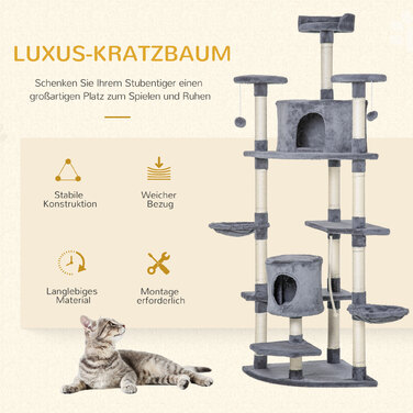 PawHut Cat Tree Велике 200 см XXL Котяче дерево з котячими печерами Гамаки для великих кішок у світло-сірому кольорі