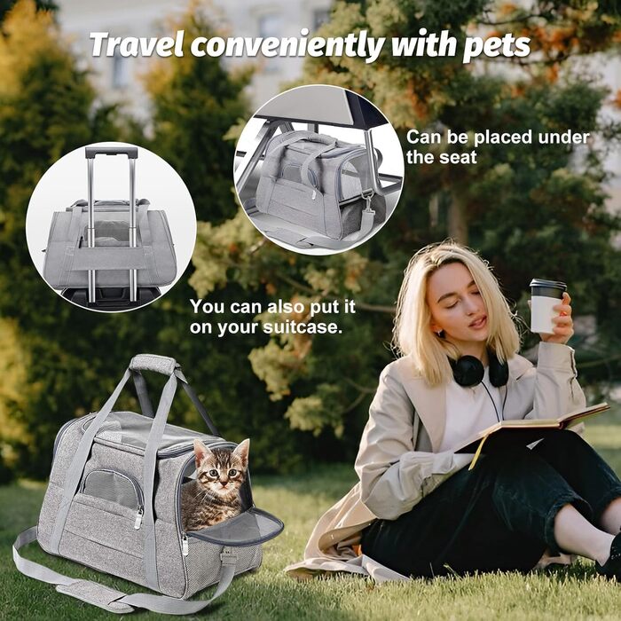 Транспортна сумка для тварин ZSMJAER з підстилкою з флісу, для котів та малих собак до 10 кг, сірого кольору