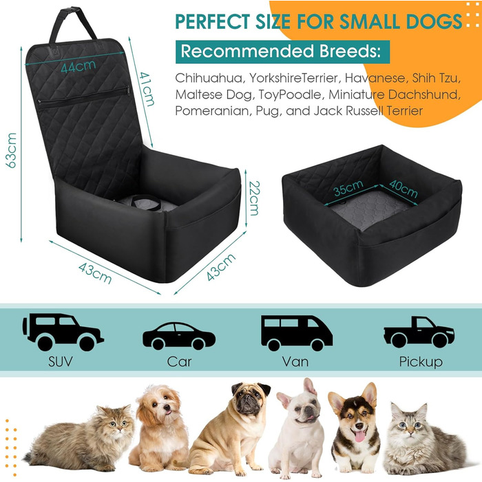 Автомобільне ліжко для собак Mozvvco 2-в-1, чорне. З безпечним ременем, вбираючою підстилкою та знімним чохлом. Для маленьких собак.