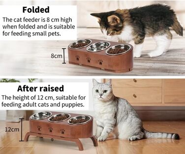 Набір мисок для котів JAZUIHA (3 шт.) з підняттям, ергономічні, 15° нахил, регульована висота, дерев'яний підставник, нержавіюча сталь Ø12 см, темно-коричневий