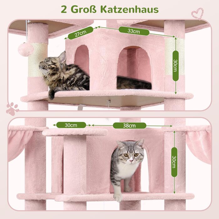 Розкішна когтеточка Globlazer XXL для великих і кількох котів, 204 см, з будиночками, гамаками та м'якими сидіннями (рожева)