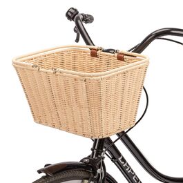 Фарбований велосипедний кошик CXWXC – міцний передній кошик з ручної плетіння з лози з регульованими ремінцями з веганської шкіри, бежевий
