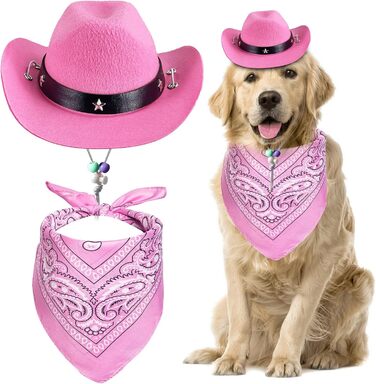 Ковбойський костюм для тварин: капелюх та бандана, рожевий. Аксесуари для собак та котів, ідеально для свят та повсякденного використання