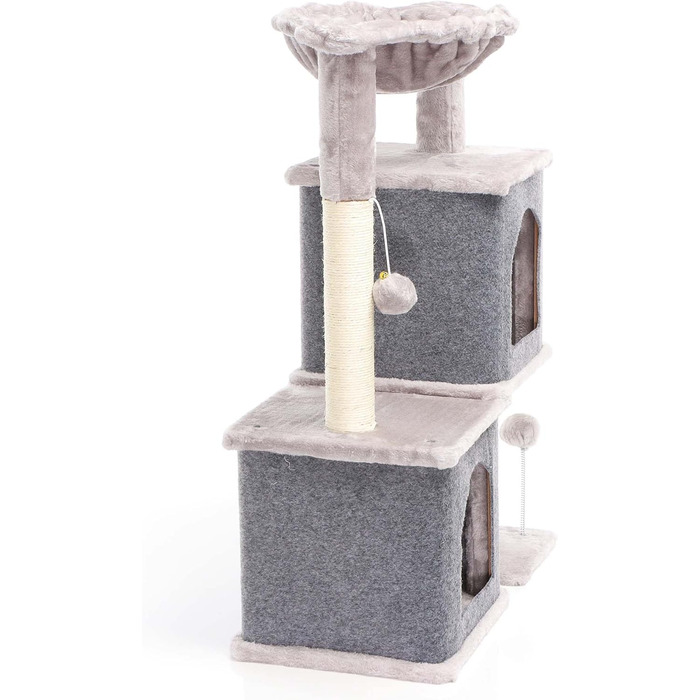 Котячий будиночок-крізьомачка Fudajo сірого кольору, 71,5 см, з платформою для відпочинку, лежаком, дряпалкою та будиночком для котів. Кліматичний комплекс для котів