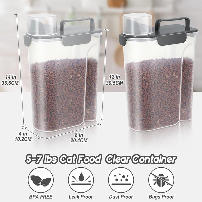 Контейнери для корму для собак, велика воронка, 2.3 кг, пластик, з 4 герметичними закриттями, 1 мірний стакан та ручка, легко миються та переносяться, 2 шт, світло-сірий + темно-сірий