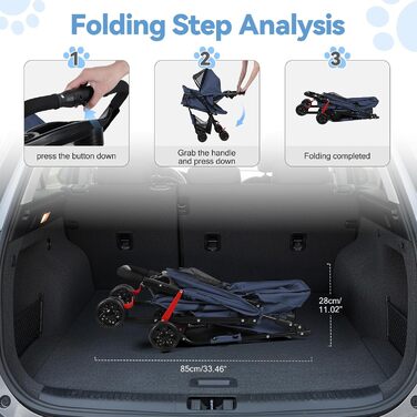 Складаний візок для тварин та дітей з обертовими колесами 360°, кошиком для зберігання, міцним металевим каркасом та дихаючими сітковими віконцями – портативний переносник для котів та собак до 22 кг (Блакитний)