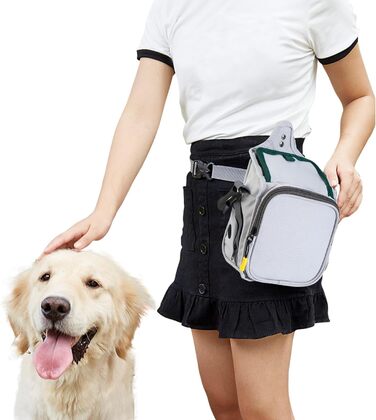 PETCUTE Сумка для дресирування собак, міцна сумка для ласощів, сумка для перенесення відходів, регульований плечовий ремінь, поясна сумка, кліп (білий, сірий+темно-зелений)