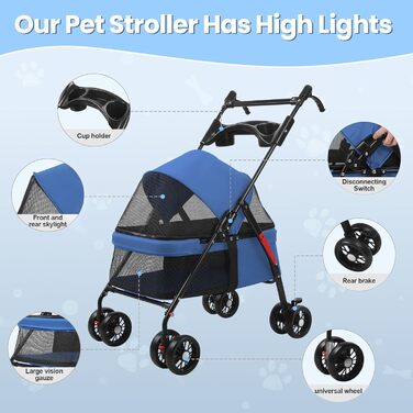 Складана візок для тварин до 10 кг з амортизаторами 360° та сонцезахистом - Легкий вигулювач для котів/маленьких собак (Чорний/Синій)