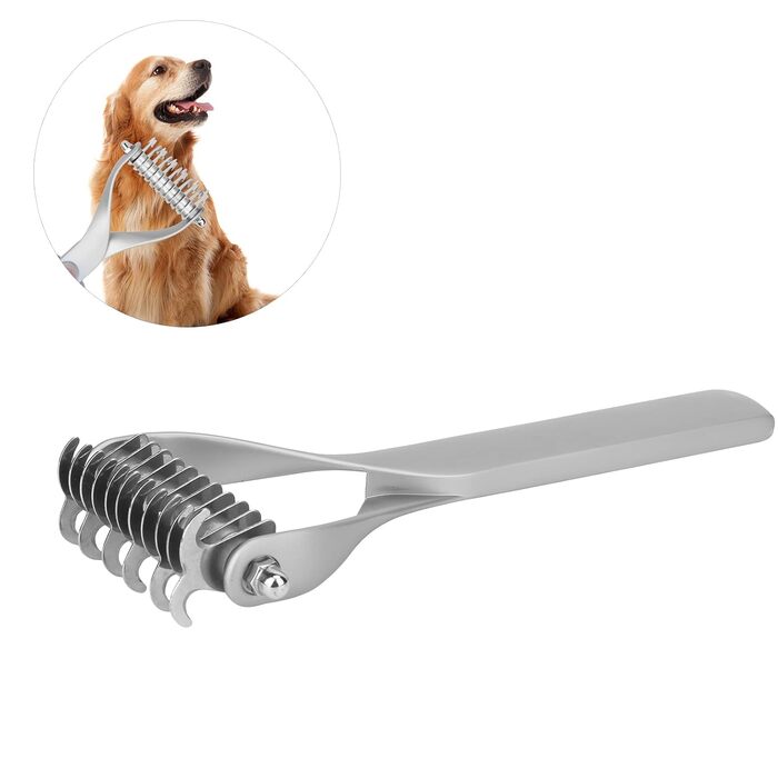 Інструмент для догляду за шерстю: двосторонній гребінець для підшерстка, щітка для цуценят та котів, гребінець з гострим лезом для видалення ковтунів та відмерлого хутра (сріблястий)