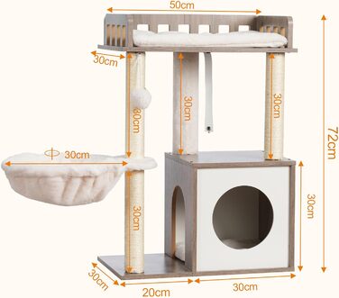 Дряпка для котів Heybly з платформою 30x50 см, когтеточка з будиночком та сизалевими стовпчиками, стабільна та безпечна для кошенят та середніх котів, колір: сіро-коричневий HCT007SSR (Greige)