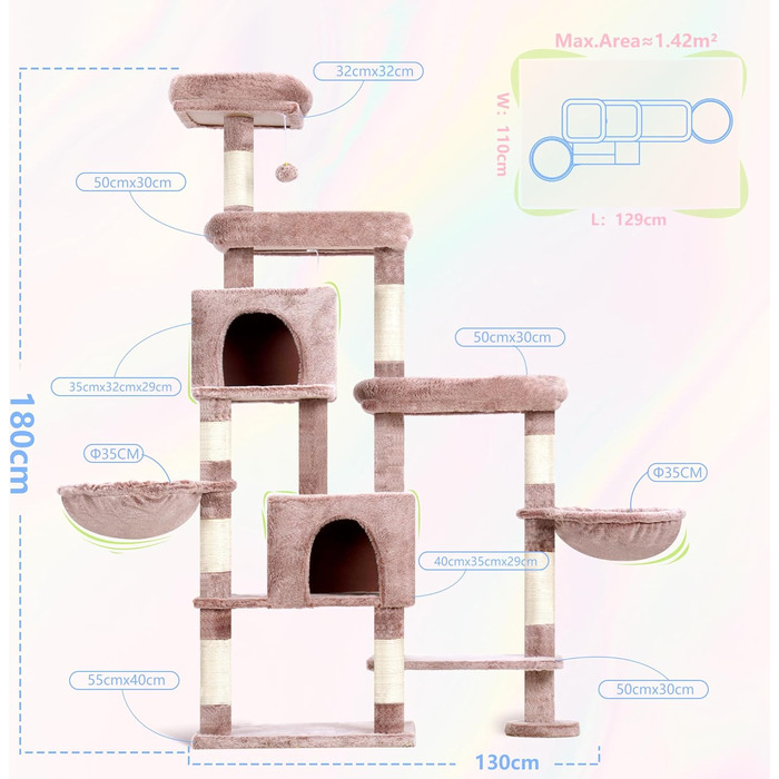 Котячий будиночок Hey-brother XXL для великих котів, 180 см. Стабільний котячий комплекс з 3 платформами, 3 великими печерами та 2 котячими будиночками, бежевий, EMPJ038MU