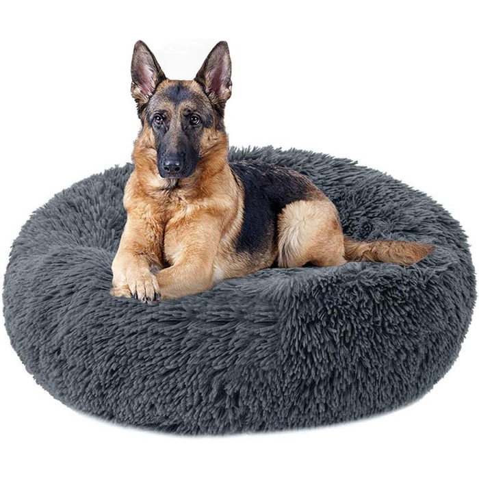 М'яке ліжко-софа для собак Deluxe, кругла, з плюшу, 60 см, для великих та екстра-великих собак та котів, водонепроникне дно, темно-сірий