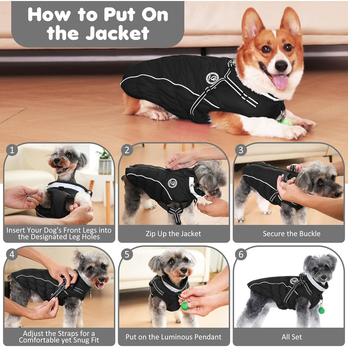 Зимовий одяг для собак: теплий водонепроникний одяг з коміром LED та світловідбиваючими смугами, 5XL, чорний