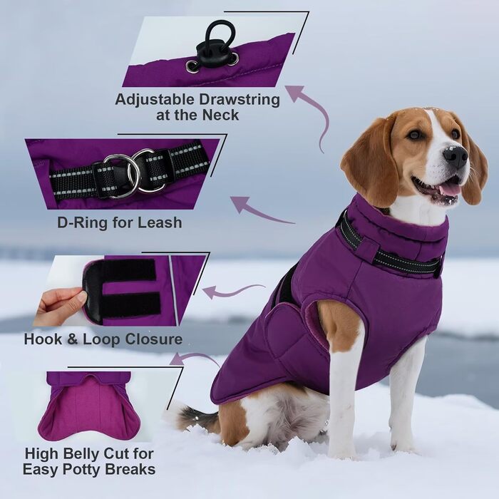 Зимова куртка для собак IECOii, тепла, водонепроникна, регульована, з відбиваючими елементами, фіолетова, розмір 2XL