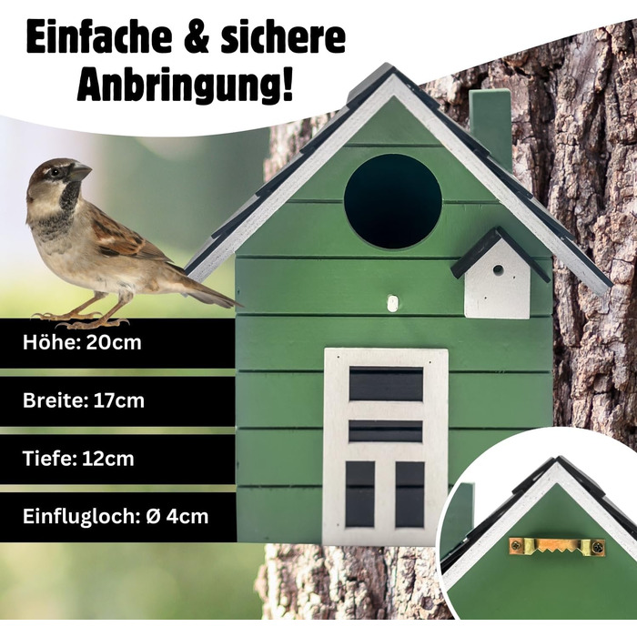 Пташник Vogelhaus No.64 - ідеальне місце для малих птахів (синиць, зябликів, сніжників). Підходить для декору інтер'єру та як гніздовий будиночок на вулиці. Темно-зелений колір.