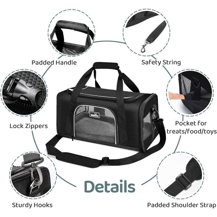 Сумка-переноска для собак та котів Wakytu, розширювана, складана, 900D Oxford, чорна (45x28x21 см)