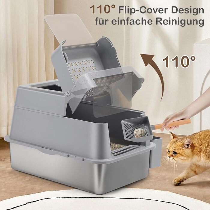 Набір для котів з нержавіючої сталі з кришкою, 110° Flip-Cover Design XXL, закритий лоток для котів, 38л, з лопаткою та педальним механізмом, високий борт, захист від протікання, легке очищення, 61х42х39 см