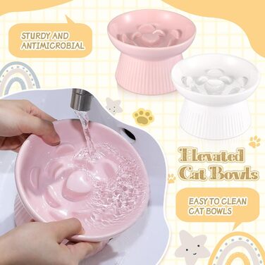 Підвищені миски для котів Layhit з кераміки, проти блювоти, повільне годування, для сухого та вологого корму, кошенята, 2 шт. (рожевий / білий)