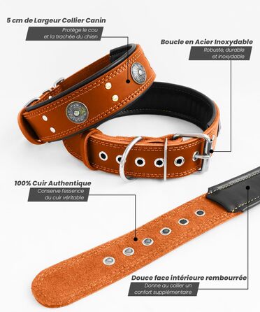 Нашийник для собак з натуральної шкіри, 5 см, помаранчевий, ручної роботи, L (53.5-63 см)