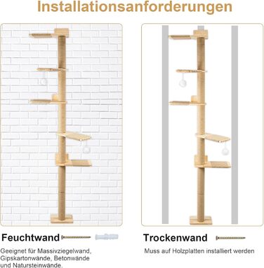 Кігтеточка для котів Youyijia 206 см з натурального каучукового дерева, 5 ярусів, настінна, з розширеною основою, плюшевими кульками, 360° обертання, XXL кігтеточка для котів