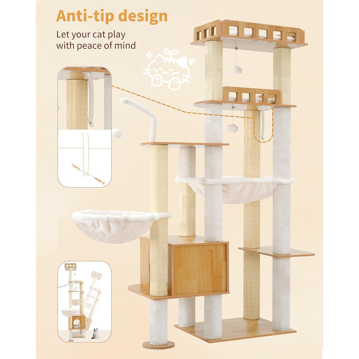 Дерев'яний котячий комплекс Heybly Kratzbaum HCT121WB: 179 см, платформа, будиночок, гамак, сизаль, стабільний, легка збірка