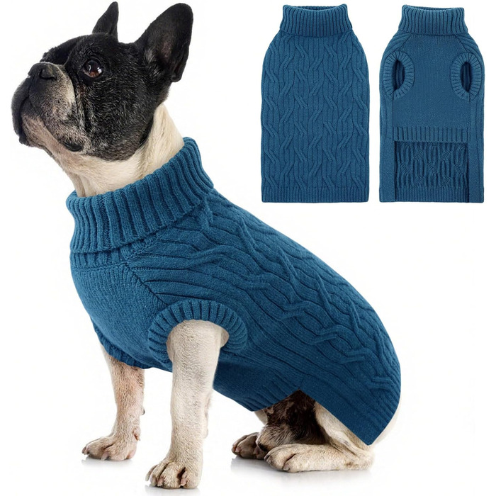 Пуловер для собак Queenmore Dackel, в'язаний водолазка для собак, підходить для Джек Рассел, Бульдог, Коргі, Французький Бульдог, Мопс (Синій, M)