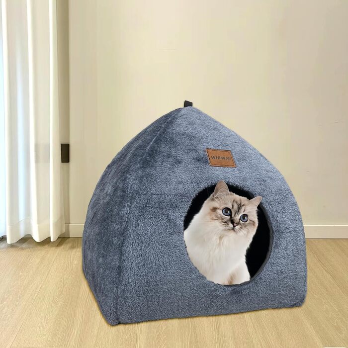 Будиночок для котів Whiwhi для дому, котяче наметове ліжко з м'якою плюшевою подушкою, складний, темно-синій, 33x33x35 см