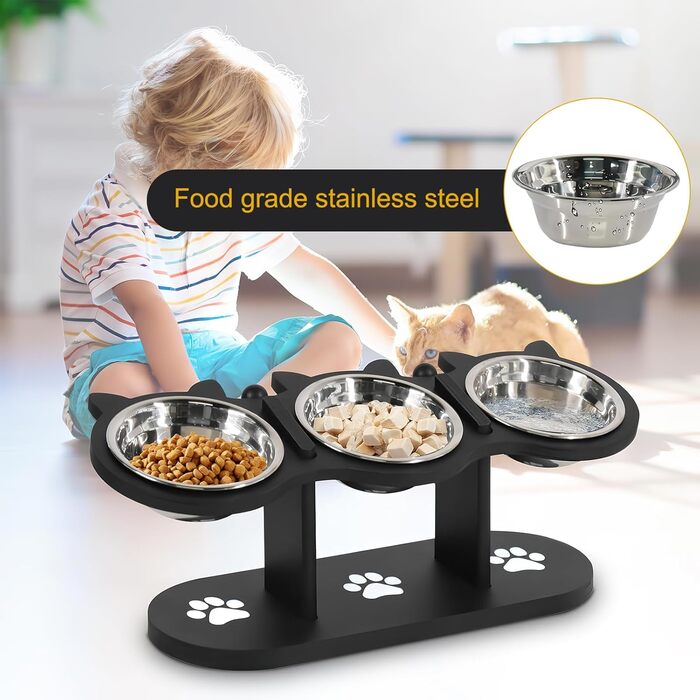 Набір мисок для котів 3 в 1: годівниця, поїлка, підставка. З нержавіючої сталі, з дерев'яною підставкою. Підходить для котів та маленьких собак.