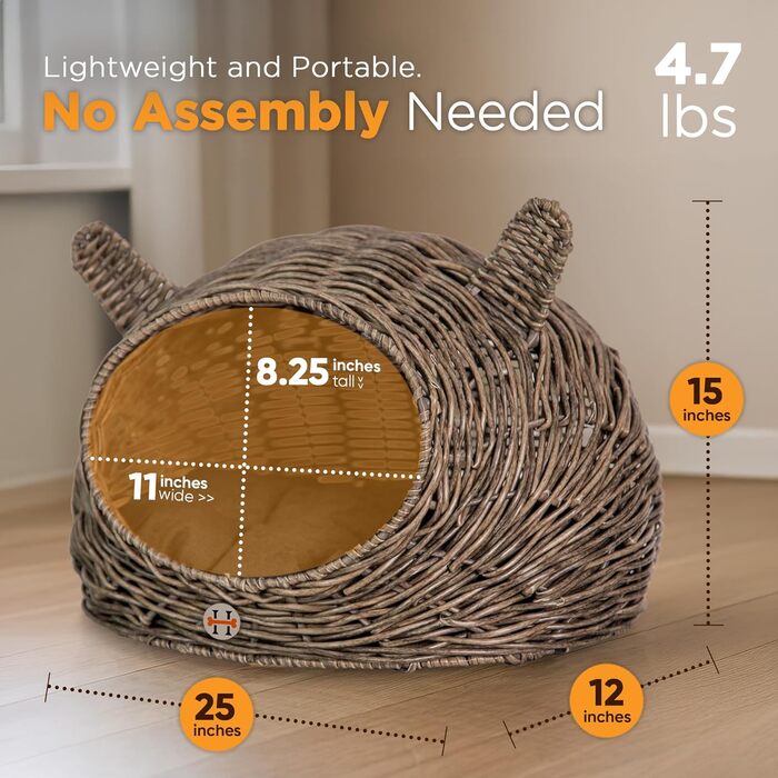 Будинок-ліжко для кота та собаки Huntley Pet Rattan з ротангового плетіння з подушкою