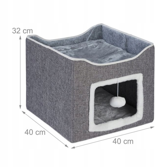 Будиночок-будка для кота з лежаком та іграшкою, сірий, 32 x 40 x 40 см