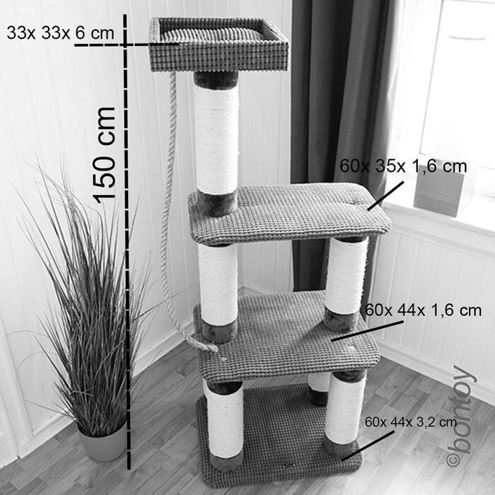 Дряпка для котів Cleo сіра 60x44x150 см з 12 см стовпами з сизалю, ігрова зона, місце для відпочинку, міцна конструкція, сизалевий канат для гри