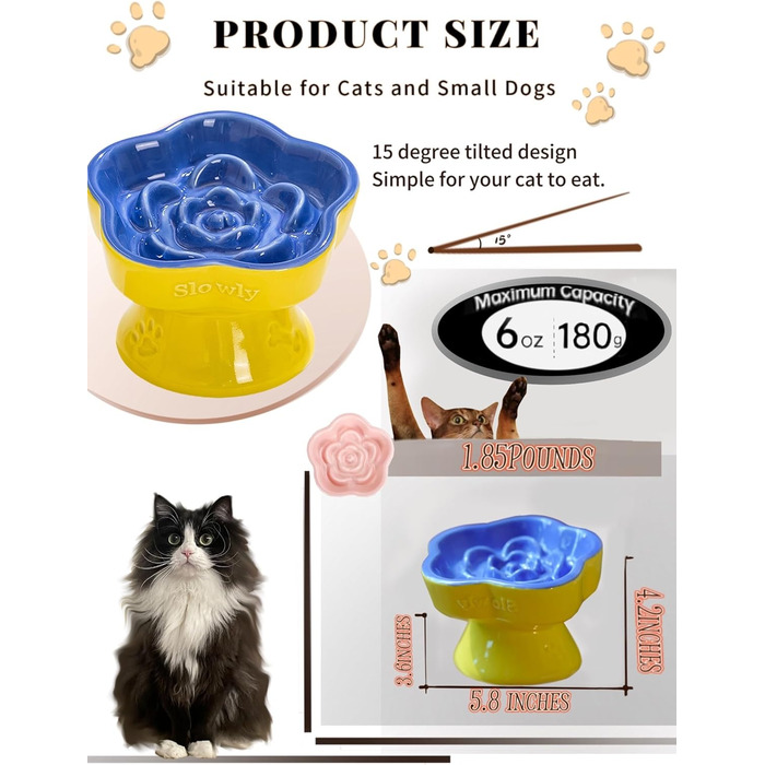 Миска для повільного годування домашніх тварин, керамічна, піднята та нахилена, для котів та маленьких собак, запобігає блювоті та удушенню (Рожева, Блакитна)