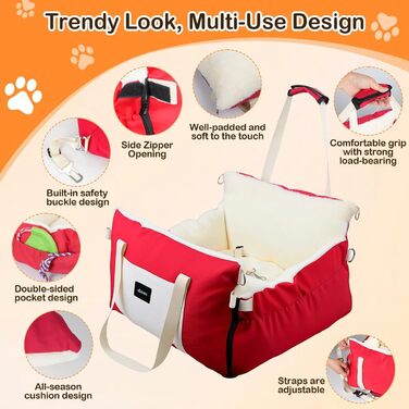 Автокрісло для собак 3-в-1 - переносна ліжко для маленьких собак, з розширеною лежачою поверхнею та м'яким матрацом, для переднього або заднього сидіння, внутрішнє та зовнішнє використання (червоний)