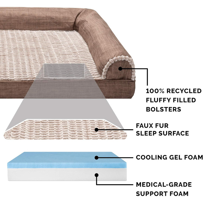 Лежак для собак і котів Furhaven Sofa, охолоджуючий гель, ортопедична піна, плюш, знімний чохол, велика, Woodsmoke