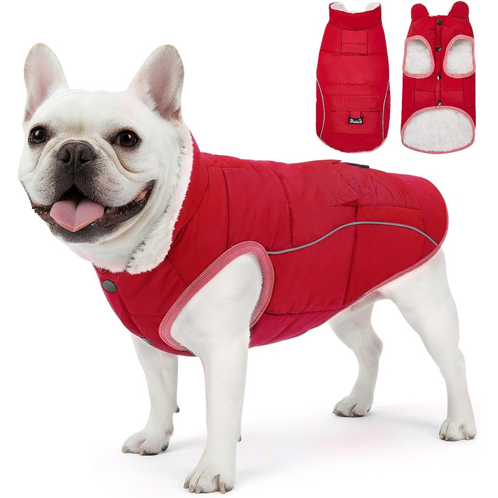 Зимовий теплий пуховик для собак LowTon Hund - тепла куртка з флісовою підкладкою, світловідбиваючими смугами та кишенями, захист від холоду для маленьких та середніх собак (червоний, S)