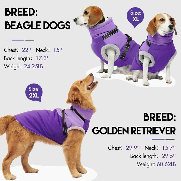 Водонепроникна та вітронепроникна куртка для собак великих порід з інтегрованим шлейкою та флісовою підкладкою, фіолетовий, XX-Large