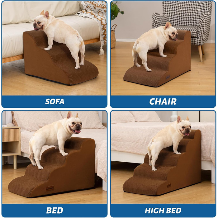 Сходинка для собак та котів на 4 сходинки, коричнева, 40 см. Стабільна, з антиковзким покриттям.