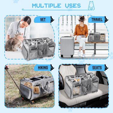 Велика переноска для тварин з двома відділеннями та колесами для кота/собаки, знімна складана переноска для 2 котів до 20 кг, вентильована переноска-рюкзак для котів для подорожей/походів/кемпінгу