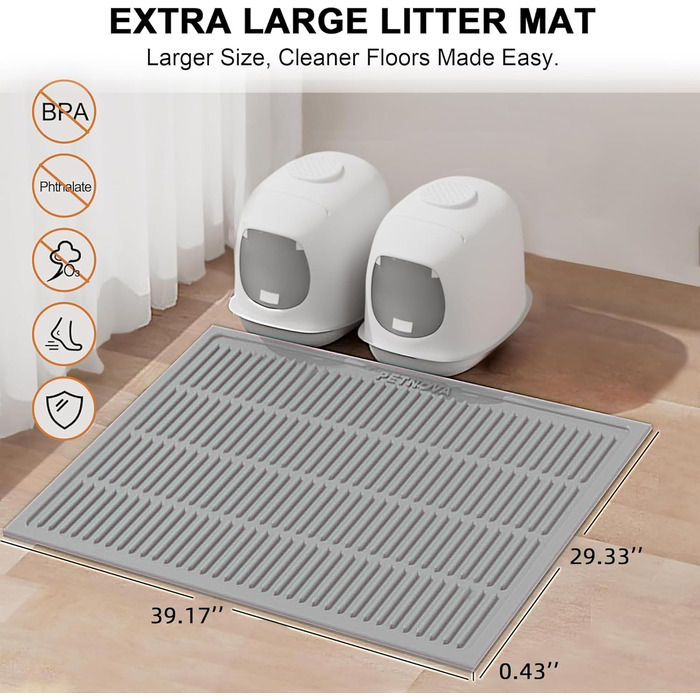 Килимок для котячого туалету PetNova, 101.6 x 76.2 см, силікон, вологостійкий, з рельєфом, легко миється, для кількох котів, сірий колір