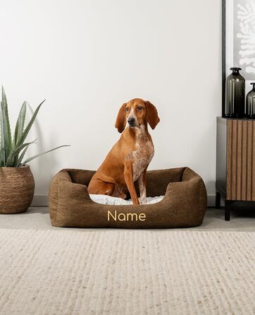 Клітка-лежанка для собак Lionto з м'яким змінним подушками, затишна лежанка для домашніх тварин у меланжевому дизайні з глибоким входом для собак та котів усіх розмірів, 80x60 см, м'яка лежанка для собак, коричнева (з написом) Коричнева L 80 x W 60 x H 26