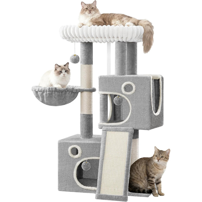 Кігтеточка для котів Hzuaneri, 98 см, з платформою, іграшками та кігтедраперами, сіра