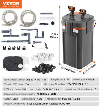 VEVOR фільтр для акваріума 264GPH, 3-ступеневий каністровий фільтр 284 л, ультратихий внутрішній акваріумний фільтр з UV-захистом, багатофункціональний занурюваний фільтр, 11 Вт