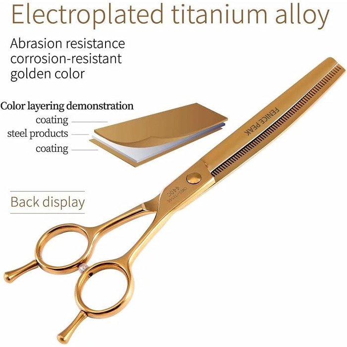 Професійні ножиці для собак Fenice Peak, JP440C, нержавіюча сталь, 17.8 см, вигнуті ножиці для фінальної обробки з 66 зубцями, кут 20-25°, титанове покриття, ергономічні ручки