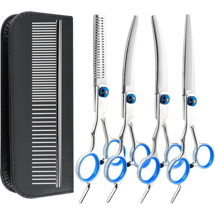 Набір професійних ножиць для собак 5 в 1, ножиці для грумінгу, з металевим гребінцем та шкіряним чохлом