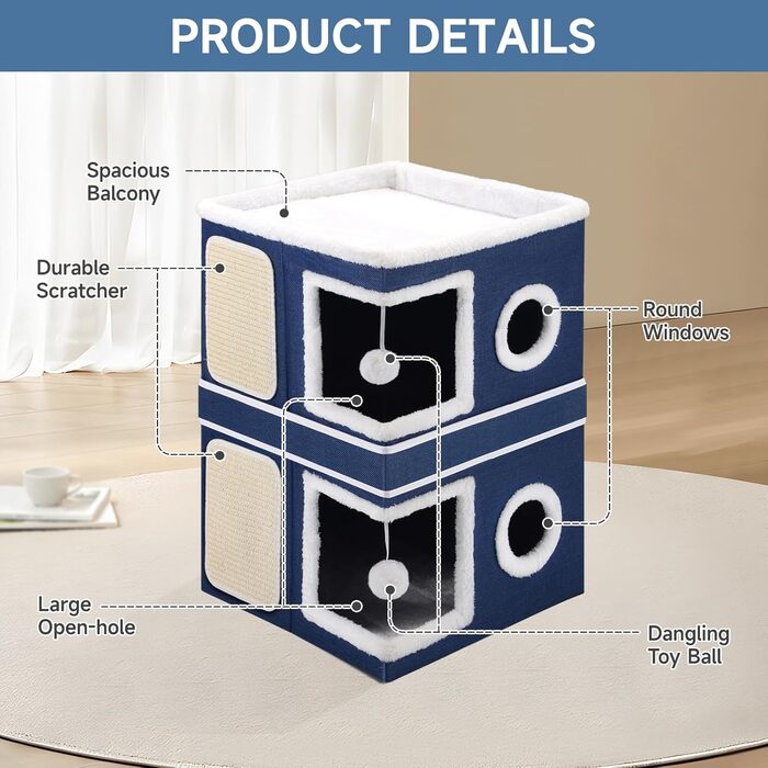 Кітчине гніздо Shikha, великий будиночок для котів, 3-ярусний куб для котів з дряпалкою та іграшкою, 61x45x32 см, блакитний